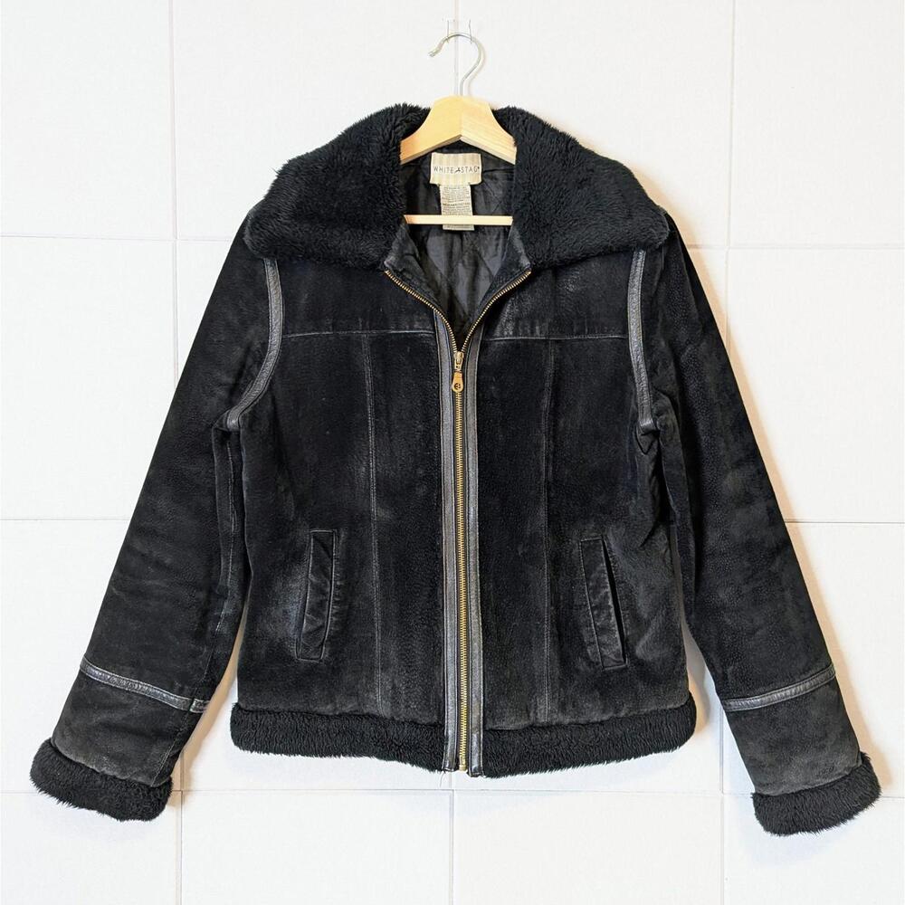 Vintage 90s suede zip front moto jacket with faux fur trim